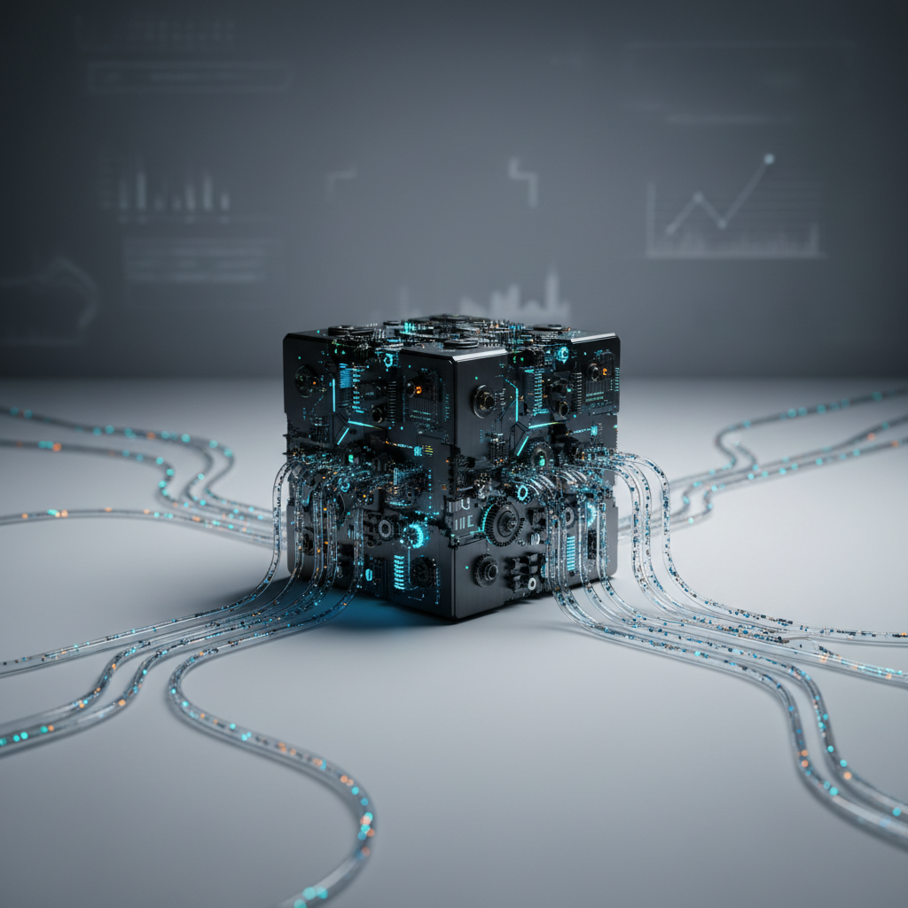 A close-up, cinematic shot of an AI-driven workflow engine conceptualized as a physical object: a compact, high-end black metal cube on a smooth white surface, its sides composed of tiny, interlocking mechanical components and illuminated micro-circuits. From the cube, thin, transparent channels extend outward like delicate glass conduits, each carrying softly glowing particles representing data and automated tasks. The background is a subtly blurred gradient wall with faint geometric patterns hinting at processes and KPIs. Side lighting with a cool, crisp tone emphasizes texture and depth, casting refined shadows. The mood is cutting-edge yet controlled, ideal for illustrating AI implementation and business automation with photographic realism and no visible people or text.