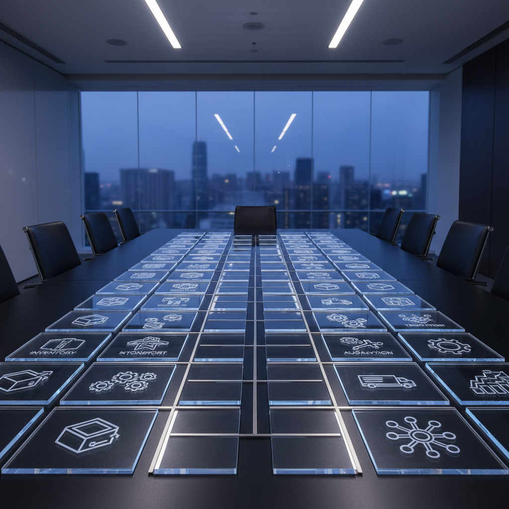 A large, premium consulting war-room scene translated into objects: a long matte-black conference table covered with neatly arranged transparent acrylic tiles, each etched with minimal geometric icons for inventory, transport, automation, and analytics. Thin metallic lines connect them, forming a clear end-to-end supply chain workflow. Behind the table, a panoramic glass wall reveals a blurred city skyline at dusk with cool blue tones. Directional overhead lighting and a subtle under-glow beneath the tiles cast delicate shadows and reflections, suggesting depth and precision. Shot from a slightly elevated angle in photographic realism, the mood is strategic and focused, communicating complex process optimization without generic office clichés or human presence.