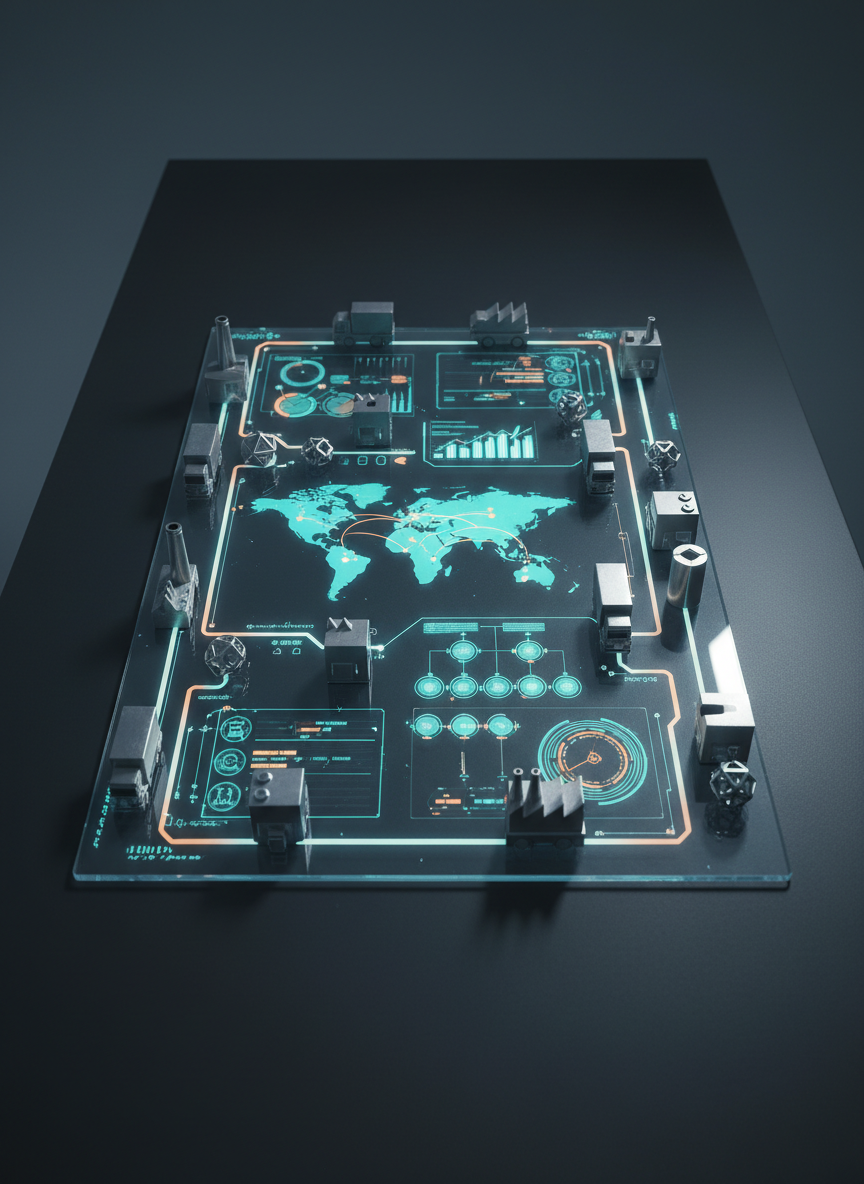 An overhead photographic view of a highly organized operations control surface: a dark graphite desk with a seamless, ultra-wide transparent display embedded flush into it, showing layered, non-textual data flows, maps, and process diagrams in luminous cyan and amber. Around the display sit small, sculptural metal tokens representing trucks, warehouses, factories, and AI nodes, meticulously aligned along glowing pathways. Cool, diffused studio lighting creates a calm, analytical atmosphere, with micro highlights on brushed metal edges. The composition is clean and symmetrical, with sharp focus across the frame, conveying mastery of logistics, procurement, and supply chain orchestration in a sophisticated, technology-first aesthetic.